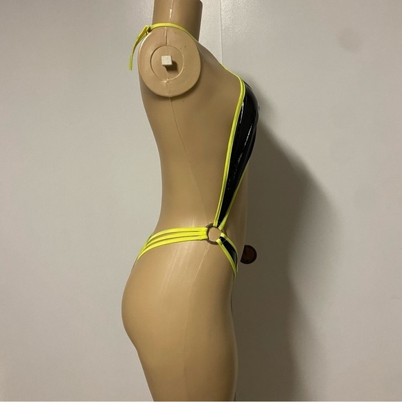 Unbranded black neon green one piece Faux leather bikini Size Small - Picture 5 of 6